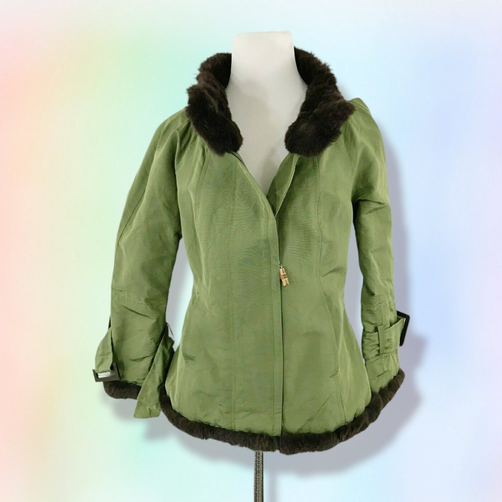 CHARLES CHANG-LIMA Olive‎ Green Jacket W Brown Rabbit Trim, Size 6